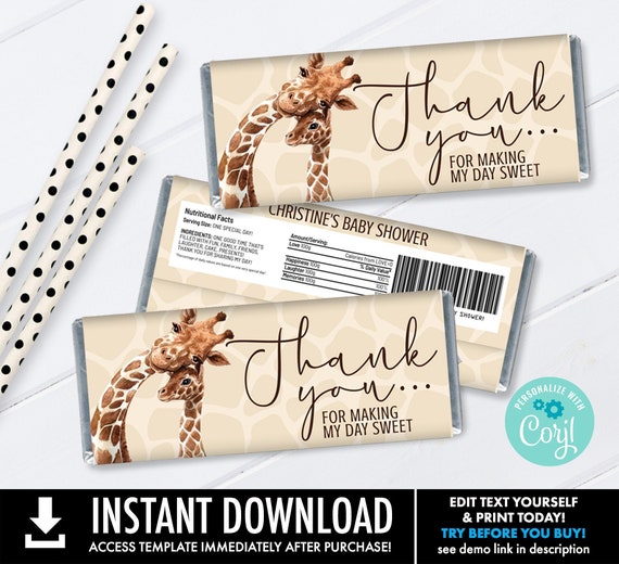 Giraffe Baby Shower Candy Bar Label, Candy Bar Label, Party Favor | Self-Edit with CORJL - Instant DOWNLOAD Printable