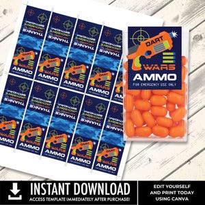 May include: A sheet of navy blue and camouflage-patterned labels with orange toy gun graphics and the text "DART WARS AMMO". A clear plastic bag filled with orange candies is next to the labels.