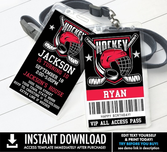 Hockey Party Invitation Badge, Hockey VIP Badge, Hockey Birthday Invite | Personalize using CORJL - INSTANT Download Printable Template