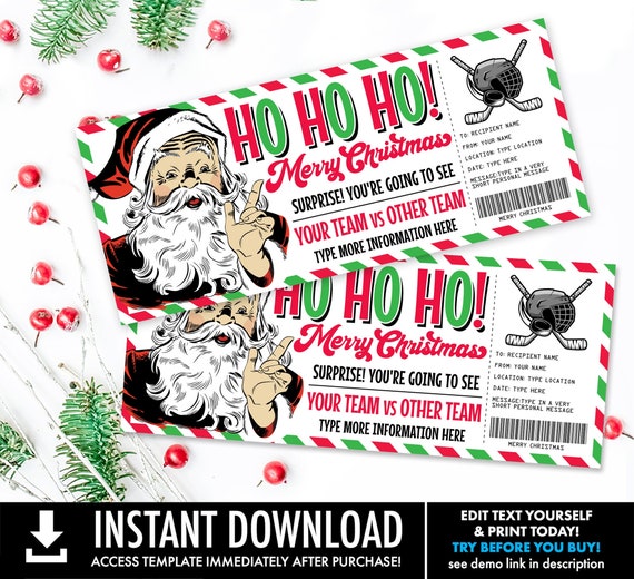 Hockey Ticket Christmas Gift - Surprise Game Ticket, Gift Certificate, Gift Voucher | Self-Edit with CORJL - INSTANT DOWNLOAD Printable