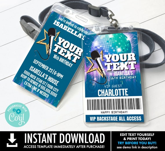 Rock Star Party VIP Badge Invitation, Party like a Pop Star, Rock n Roll | You Personalize using CORJL -INSTANT Download Printable Template