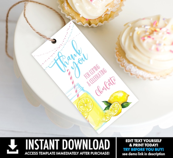 Lemonade Party Favor Tag - Sunshine & Lemonade Thank You Tags, Party Favors | Self-Edit with CORJL - INSTANT DOWNLOAD Printable Template