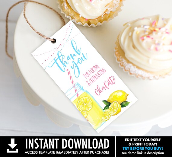 Lemonade Party Favor Tag - Sunshine & Lemonade Thank You Tags, Party Favors | Self-Edit with CORJL - INSTANT DOWNLOAD Printable Template