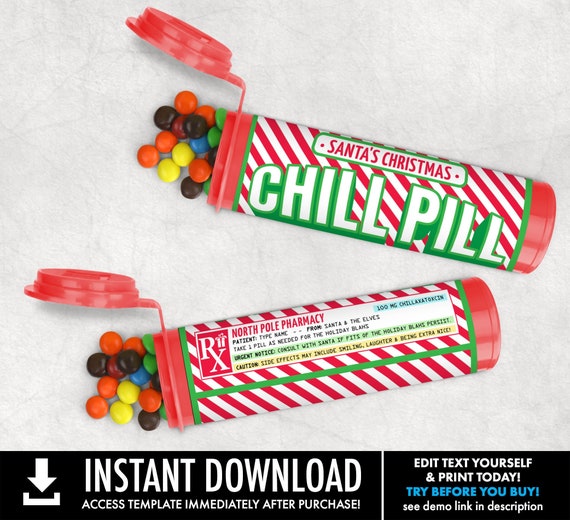 Santa's Christmas Chill Pill Mini m&m Tube Label, Holiday Blahs, Christmas Party, Nice| Self-Edit with CORJL - INSTANT Download Printable