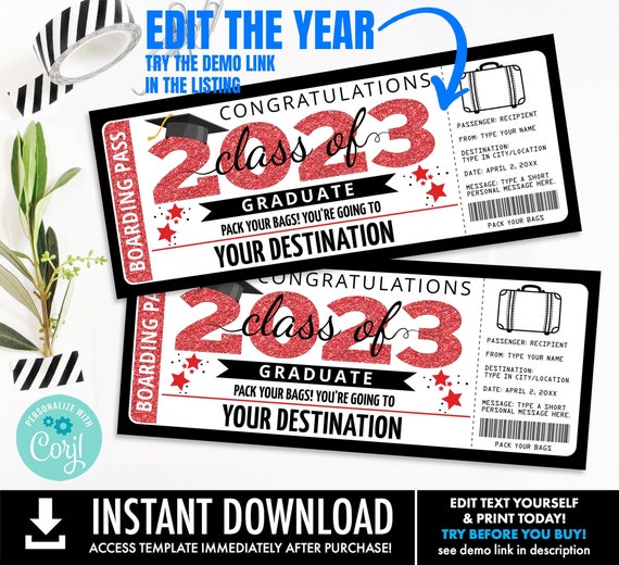 Graduation Boarding Pass Editable Template - Fake Ticket,Trip Gift,Fake Ticket | Personalize using CORJL–INSTANT DOWNLOAD Printable