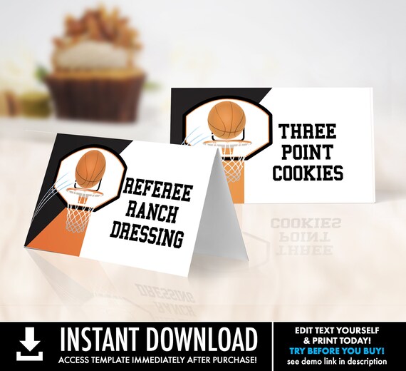 Basketball Food Labels - Basketball Birthday Party, Table Tent, Place Card | You Personalize using CORJL - INSTANT DOWNLOAD Printable
