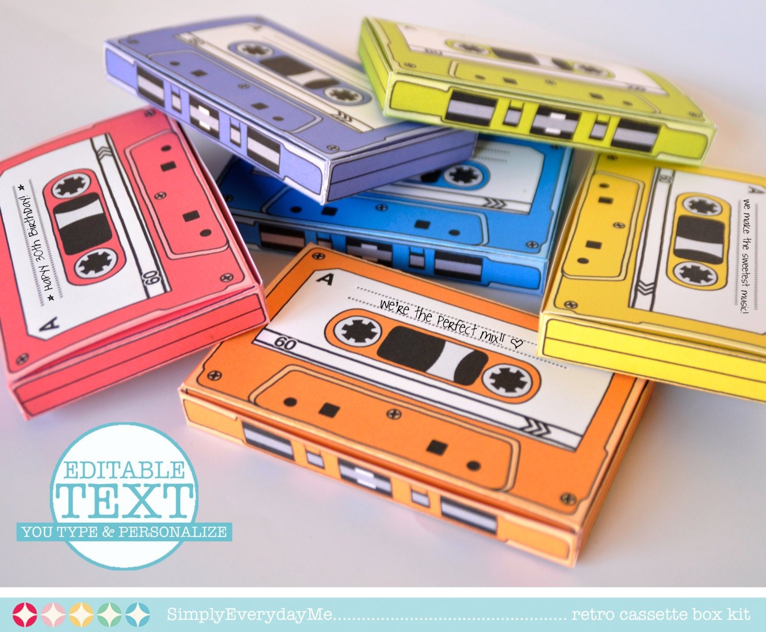 Cassette Tape Box 7 EDITABLE Boxes Gift Card Holder Party Favor 