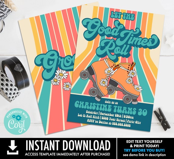 Roller Skating Party Invitation - Let the Good Times Roll, Skating Party Invite | Self-Edit with CORJL - INSTANT DOWNLOAD Printable
