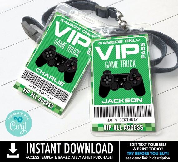 Video Game Badges -VIP Video Game I.D. Badges,Video Game Truck Party,Birthday | Personalize with CORJL - INSTANT Download Printable Template