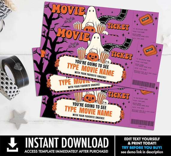 Halloween Movie Ticket, SMALL Surprise Movie Night Ticket, Ghost Movie Gift Certificate | Self-Edit with CORJL–INSTANT Download Printable
