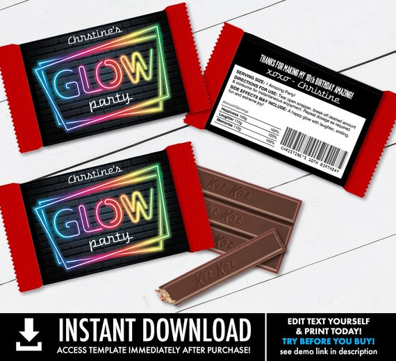 Neon Glow Party Wafer Chocolate Candy Bar Wrap/Label, Neon Glow Theme, Candy Bar Wrapper | Edit using CORJL - INSTANT Download Printable