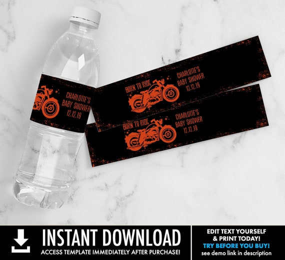 Motorcycle Baby Shower Water Bottle Label/Wrappers - Born to Ride Shower, Drink Label | Self-Edit with CORJL - INSTANT DOWNLOAD Printable