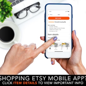May include: A screenshot of the Etsy mobile app displaying a listing for a birthday invitation template. The listing is titled "SimplyEverydayMe" and has a five-star rating. The listing details include the occasion, material, and editable text. The listing also shows the number of times it has been favourited. The image shows a hand pointing at the "Item details" button.