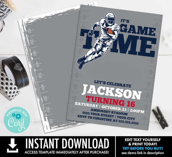 Football Party Invitation - It's Game Time, Football Invitation,Tailgate Invite | Self-Edit with CORJL - INSTANT DOWNLOAD Printable Template