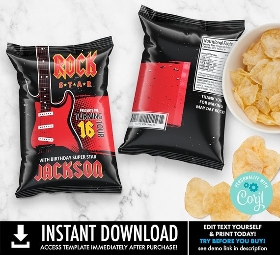 Rock Star Party Chip Bag Wrap,Party like a Rock Star, Rock n Roll Birthday | You Personalize using CORJL–INSTANT DOWNLOAD Printable Template