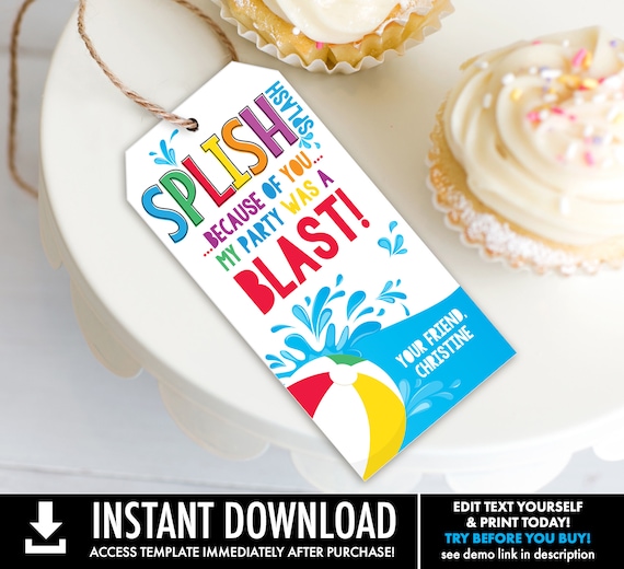 Pool Party Splish Splash Favor Tag - Thank You Tags, Birthday Party Favors | Self-Edit with CORJL - INSTANT DOWNLOAD Printable Template Il_570xn