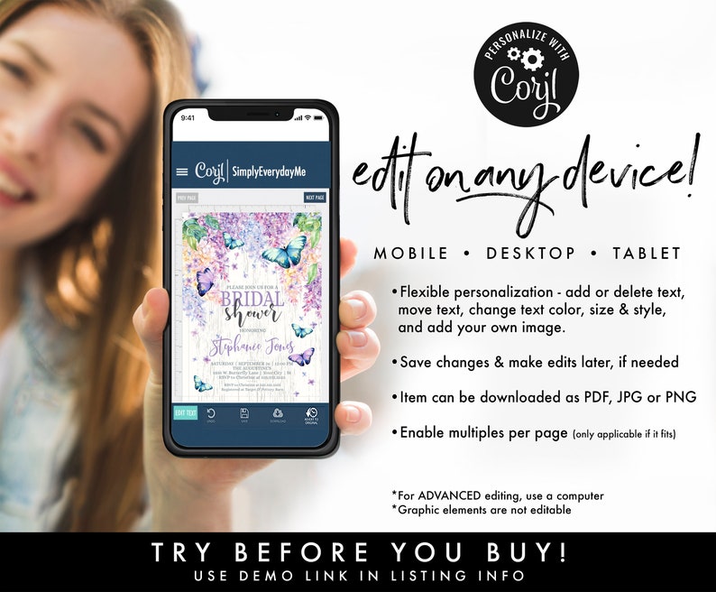 May include: A mobile phone screen displaying a digital invitation for a bridal shower. The invitation features a watercolor design with butterflies and flowers in shades of purple, blue, and green. The text on the invitation reads "Please join us for a Bridal Shower honoring Stephanie Jones".