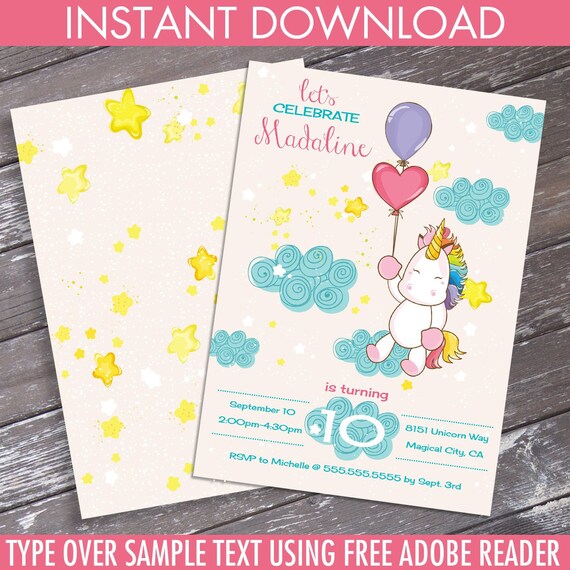 Unicorn Birthday Party Invitation - Unicorn Birthday, Rainbow Birthday | Self-Edit Text INSTANT DOWNLOAD Printable Template