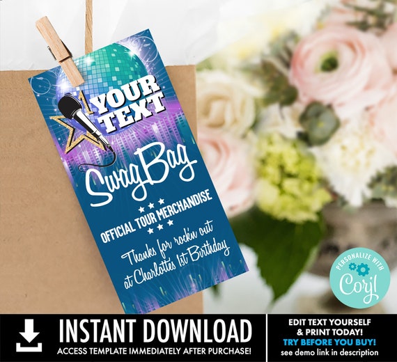 Your Text - Pop Star or Rock Star Swag Bag Favor Tag,Thank You Tag,Party Favor Tag | You Personalize using CORJL–INSTANT DOWNLOAD Printable