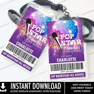 Pop Star Party VIP Badge, Party like a Pop Star, Rock n Roll, Backstage VIP Pass | Edit with CANVA Instant Download Printable Template