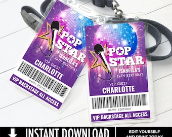 May include: Two purple and pink printable VIP backstage passes with a disco ball and microphone design. The text on the passes reads "Pop Star" and "Isabella's 16th Birthday".