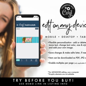 Puede incluir: La pantalla de un tel&eacute;fono m&oacute;vil que muestra un sitio web con un dise&ntilde;o de banner de fiesta de cumplea&ntilde;os colorido. El sitio web se llama "SimplyEverydayMe" y el texto "PERSONALIZE WITH Coril" es visible en un c&iacute;rculo. El texto "edit on any device!" est&aacute; escrito en una fuente grande y estilizada. El texto "MOBILE - DESKTOP - TABLET" est&aacute; debajo del texto grande. El texto "TRY BEFORE YOU BUY! USE DEMO LINK IN LISTING INFO" est&aacute; en la parte inferior de la pantalla.