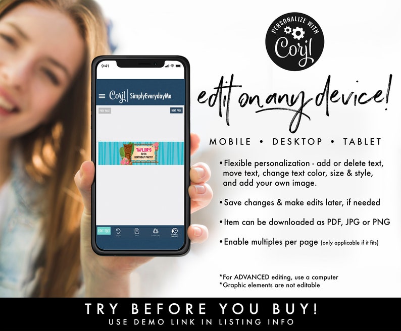 Puede incluir: La pantalla de un tel&eacute;fono m&oacute;vil que muestra un sitio web con un dise&ntilde;o de banner de fiesta de cumplea&ntilde;os colorido. El sitio web se llama "SimplyEverydayMe" y el texto "PERSONALIZE WITH Coril" es visible en un c&iacute;rculo. El texto "edit on any device!" est&aacute; escrito en una fuente grande y estilizada. El texto "MOBILE - DESKTOP - TABLET" est&aacute; debajo del texto grande. El texto "TRY BEFORE YOU BUY! USE DEMO LINK IN LISTING INFO" est&aacute; en la parte inferior de la pantalla.