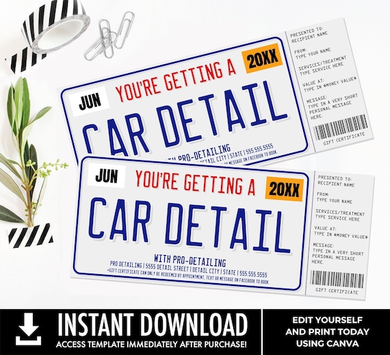 Car Detailing Gift Certificate, License Plate Car Detail Surprise Gift Voucher | You Personalize with CANVA - INSTANT DOWNLOAD Printable