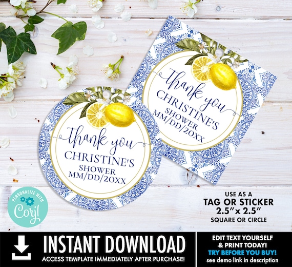 Tuscan Lemon Sticker or Tag 2.5"x2.5" Lemon Birthday Party,Bridal Shower,Baby Shower | Personalize using CORJL - INSTANT Download Printable