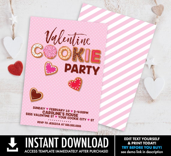 Valentine Cookie Party Invitation - Cookie Making Party, Valentine's Day Party Invite | Self-Editing with CORJL - INSTANT DOWNLOAD Printable