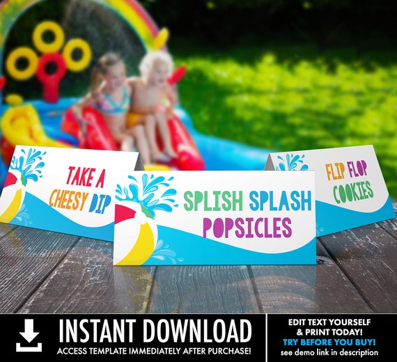 Pool Party Food Labels - Table Texts, Buffet Tags, Tent Cards, Summer Party Decor | Self-Editing with CORJL - INSTANT DOWNLOAD Printable