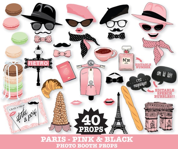 Paris Photo Booth Props - Paris Baby Shower, Chanel Party, Parisian, Wedding - Pink - Instant Download PDF - 40 DIY Printable Props Il_570xn