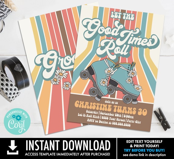 Roller Skating Party Invitation - Let the Good Times Roll, Skating Party Invite | Self-Edit with CORJL - INSTANT DOWNLOAD Printable