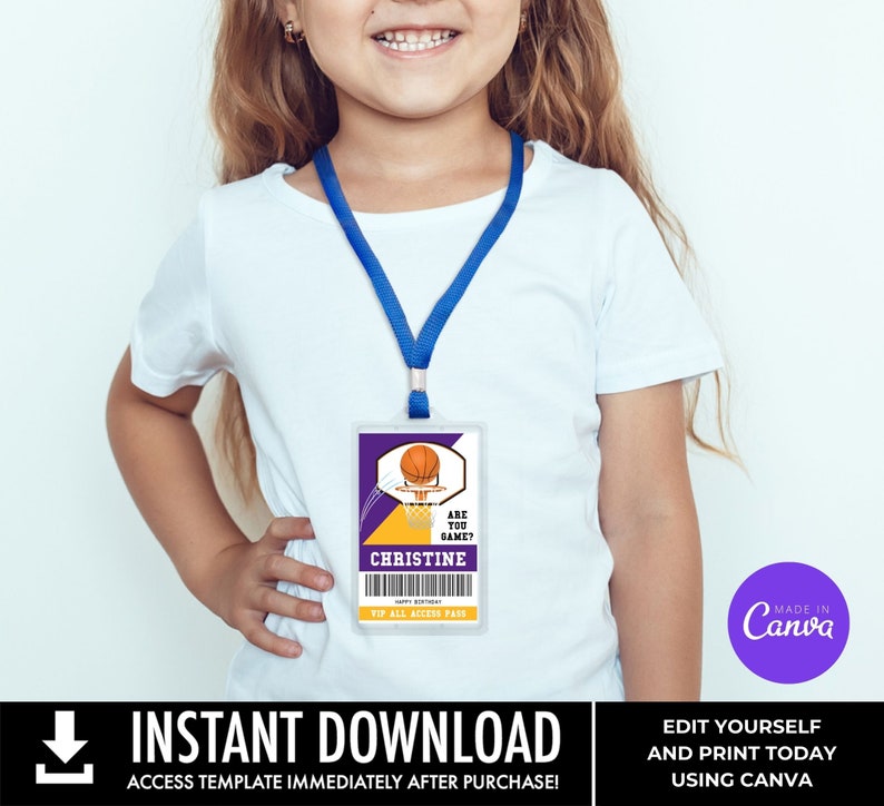 Insignias de Basketball All Star, Cumpleaños de baloncesto, Plantilla de cordón de pase VIP de baloncesto / Personalizar usando CANVA - Descarga INSTANTE Imprimible imagen 6