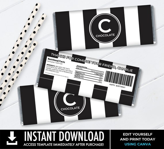 Couture Bridal Baby Shower Candy Bar Label/Wrapper, Black & White Stripe Shower Favor, Wedding Favor | Edit using CANVA–INSTANT DOWNLOAD