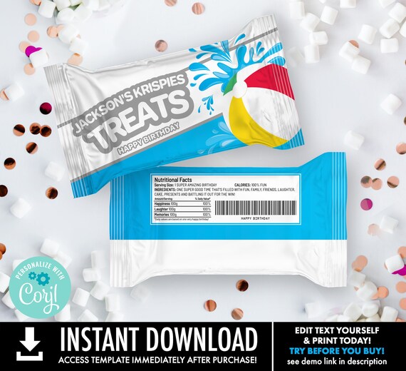 Pool Party Krispie Rice Treat Wrap - Krispie Rice Treat Label, Party Favor | Self-Edit with CORJL - INSTANT Download Printable Template