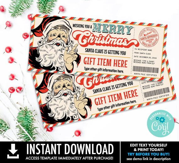 Santa Gift Voucher-Retro Santa Gift Certificate, Vintage Santa, Printable Gift, Nice List | Self-Edit with CORJL-INSTANT Download Printable