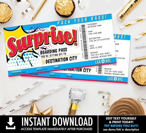 Surprise Boarding Pass Gift Voucher - Plane Ticket, Printable Certificate, Surprise Flight | Edit with CORJL - INSTANT DOWNLOAD Printable Il_570xn