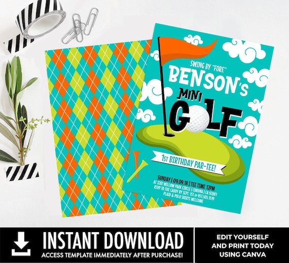 Golf Party Invitation, Mini Golf Party, Golf Par-tee,Hole in One,Golf Birthday | Edit with CANVA - INSTANT DOWNLOAD Printable