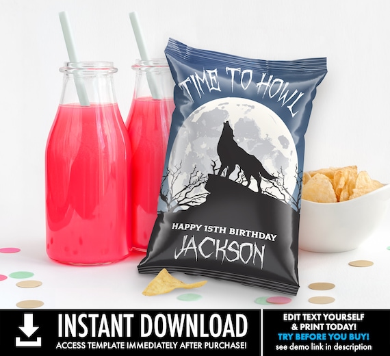 Wolf Chip Bag Wrap/LabelTreat Bag Potato Chip, Werewolf, Teen Wolf, Wild One, Halloween Self