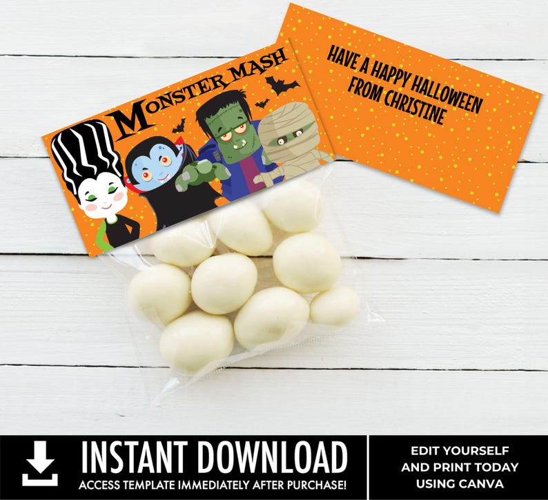 May include: A clear plastic bag filled with white round candies, topped with a rectangular orange card featuring cartoon monsters and the text MONSTER MASH, and a second orange card with the text HAVE A HAPPY HALLOWEEN FROM CHRISTINE.