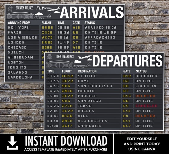 Airplane Party Poster, 48x36 Arrival & Departure TWO Sign Set, Airport Terminal Signs| Edit using CANVA - INSTANT Download Printable