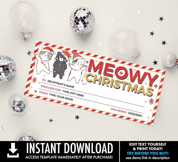 Meowy Christmas Cat Voucher For Any Christmas Gift, Christmas Cat Gift Coupon, Printable Last Minute Gift | Edit with CORJL-INSTANT Download