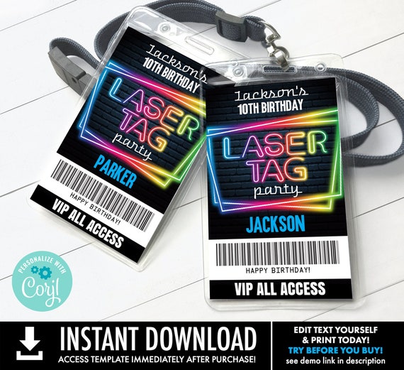 Laser Tag Glow Party VIP Invite Badge,I.D. Badge,Laser Tag All Access Pass | You Personalize using CORJL–INSTANT Download Printable Template