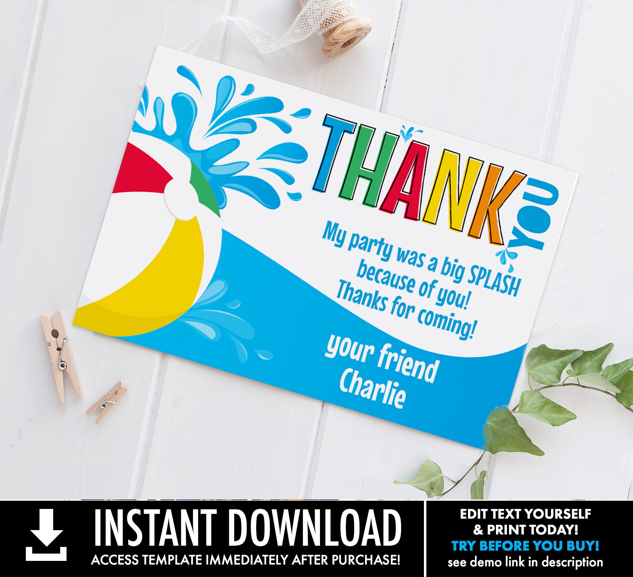 Pool Party Thank You Card 6x4 Thank You Note Etsy