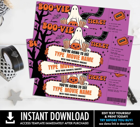 Halloween Boo-vie Ticket, SMALL Surprise Movie Night Ticket, Ghost Movie Gift Certificate | Self-Edit with CORJL–INSTANT Download Printable