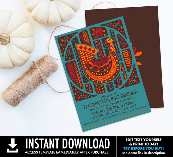 Thanksgiving Dinner Invitation, Thanksgiving Dinner Invite,Thanksgiving Turkey Invite | Self-Editing with CORJL - INSTANT DOWNLOAD Printable Il_570xn