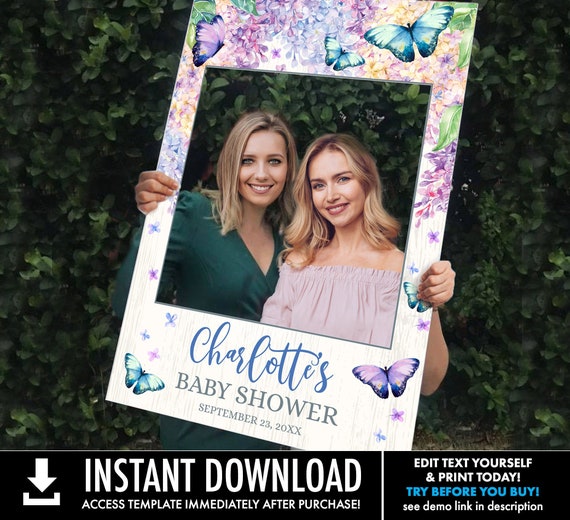 Butterfly Baby Shower Photo Booth Frame - 24x36 Personalize Photo Prop, Baby Shower Sign | Self-Edit with CORJL - INSTANT DOWNLOAD Printable