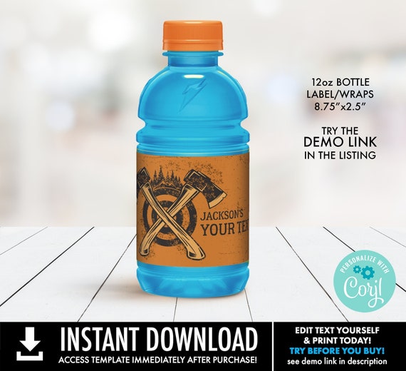 Axe Throwing Sports Drink Labels/Wraps–Bad Axe Birthday, Bad Axe Party | You Personalize using CORJL–INSTANT DOWNLOAD Printable