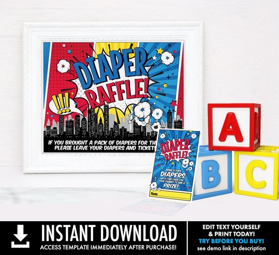 Superhero Diaper Raffle SET - Sign & Cards, Baby Shower Set | Self-Edit with CORJL - INSTANT Download Printable